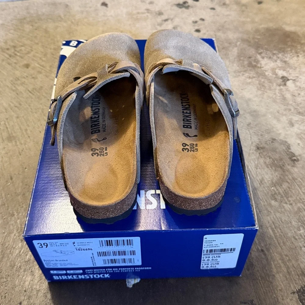 Birkenstock womens Taupe Suede Clogs with Braided Strap - Picture 3 of 5